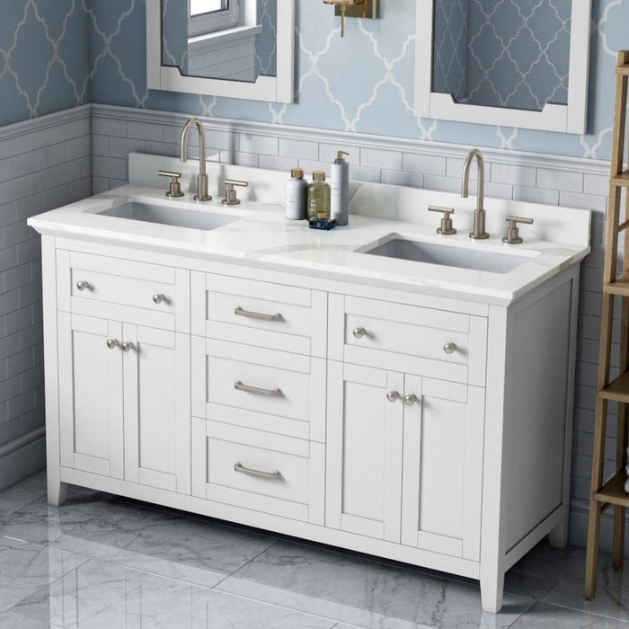 Jeffrey Alexander 60" White Chatham Vanity, double bowl, Calacatta Vienna Quartz Vanity Top, two undermount rectangle bowls