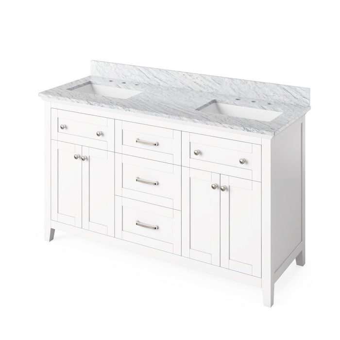 Jeffrey Alexander 60" White Chatham Vanity, double bowl, White Carrara Marble Vanity Top, two undermount rectangle bowls