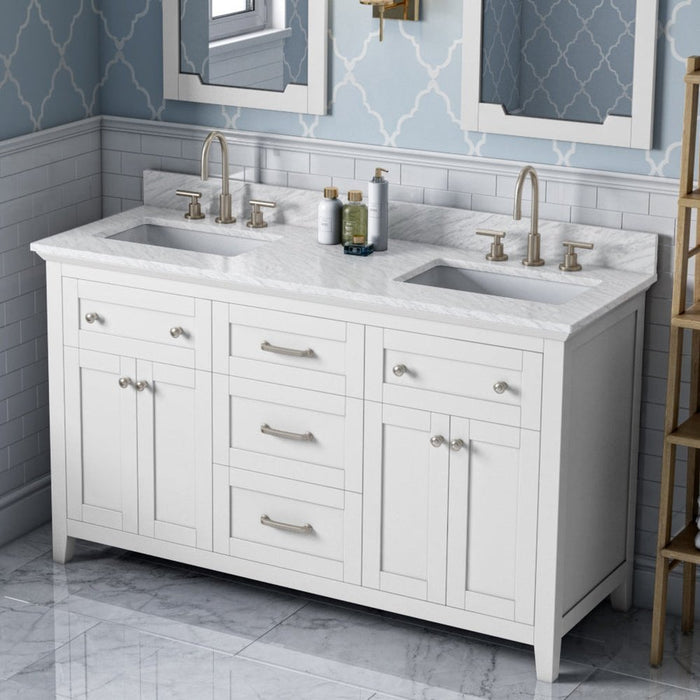 Jeffrey Alexander 60" White Chatham Vanity, double bowl, White Carrara Marble Vanity Top, two undermount rectangle bowls