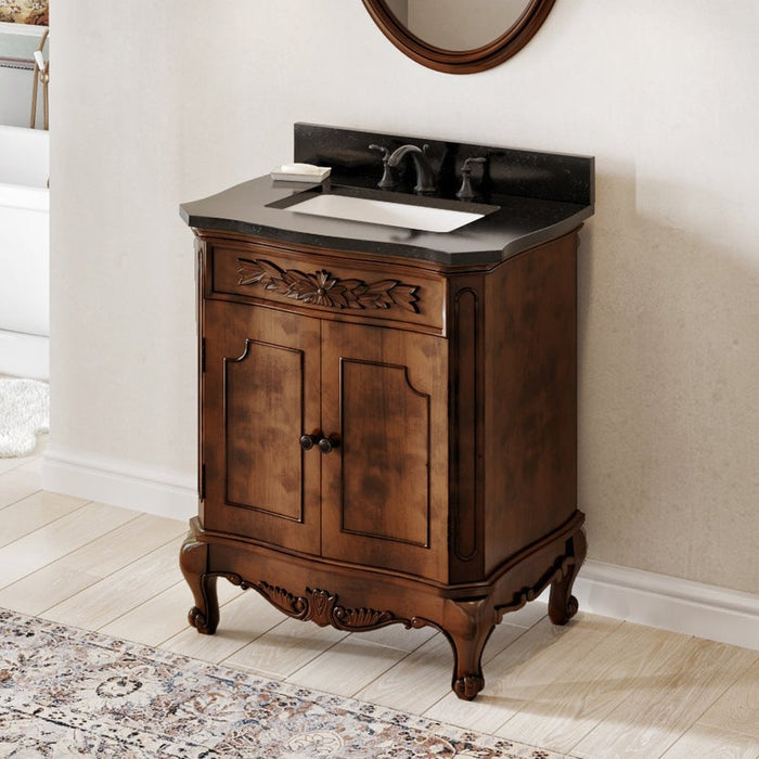 Jeffrey Alexander 30" Nutmeg Clairemont Vanity, Clairemont-only Black Granite Vanity Top, undermount rectangle bowl