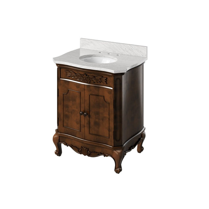 Jeffrey Alexander 30" Nutmeg Clairemont Vanity, Clairemont-only White Carrara Marble Vanity Top, undermount oval bowl