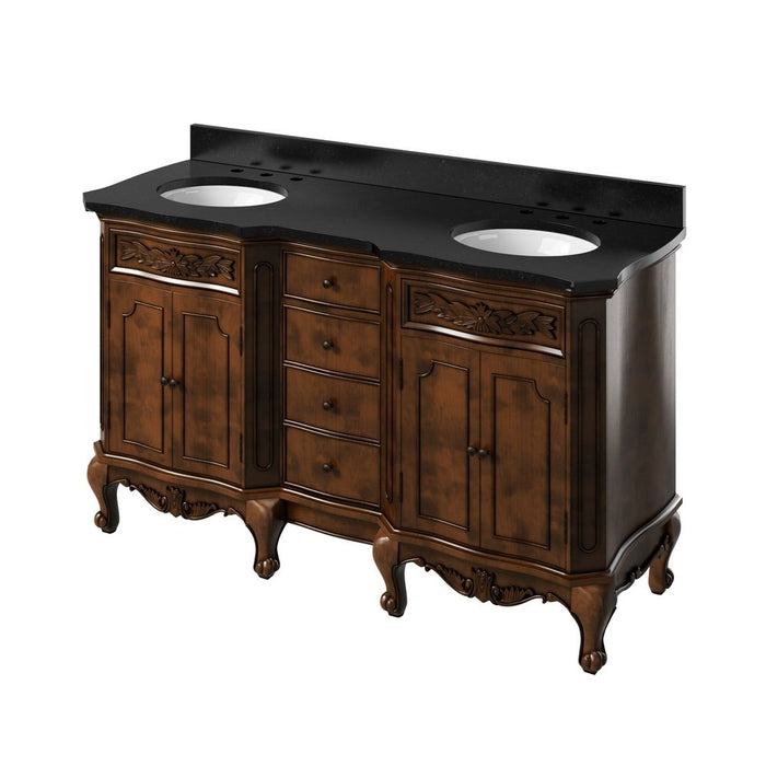 Jeffrey Alexander 60" Nutmeg Clairemont Vanity, double bowl, Clairemont-only Black Granite Vanity Top, two undermount oval bowls