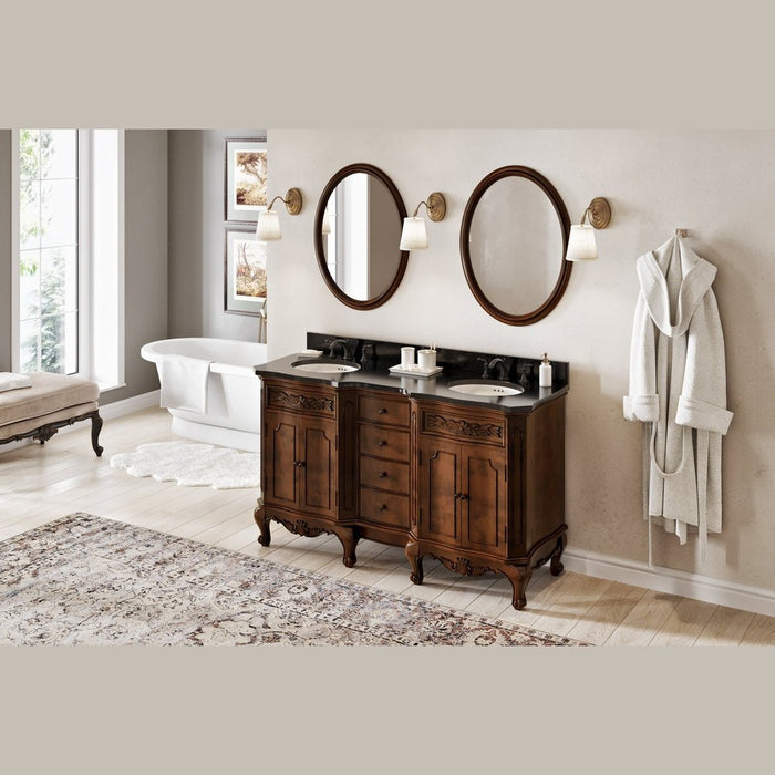 Jeffrey Alexander 60" Nutmeg Clairemont Vanity, double bowl, Clairemont-only Black Granite Vanity Top, two undermount oval bowls