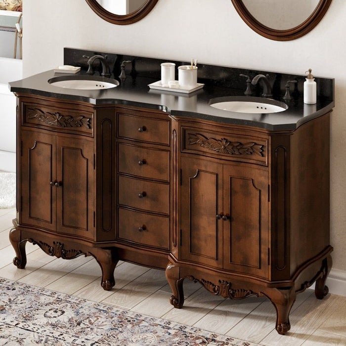 Jeffrey Alexander 60" Nutmeg Clairemont Vanity, double bowl, Clairemont-only Black Granite Vanity Top, two undermount oval bowls