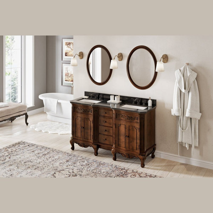 Jeffrey Alexander 60" Nutmeg Clairemont Vanity, double bowl, Clairemont-only Black Granite Vanity Top, two undermount rectangle bowls