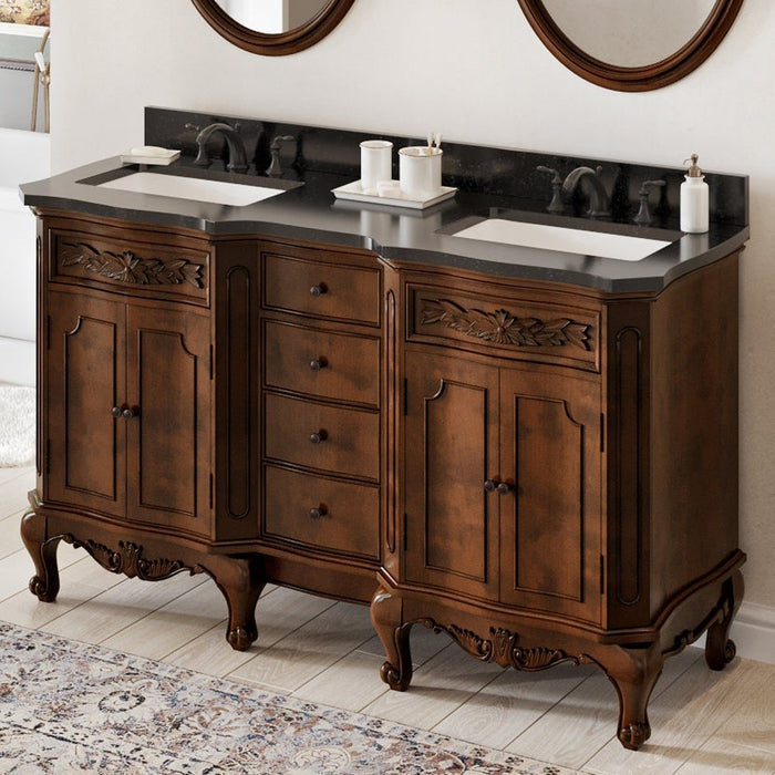 Jeffrey Alexander 60" Nutmeg Clairemont Vanity, double bowl, Clairemont-only Black Granite Vanity Top, two undermount rectangle bowls