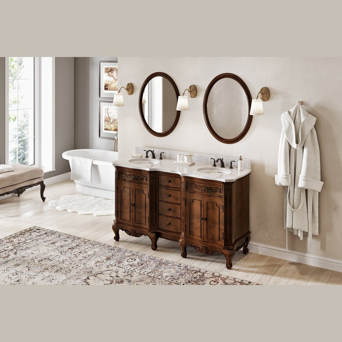 Jeffrey Alexander 60" Nutmeg Clairemont Vanity, double bowl, Clairemont-only White Carrara Marble Vanity Top, two undermount oval bowls