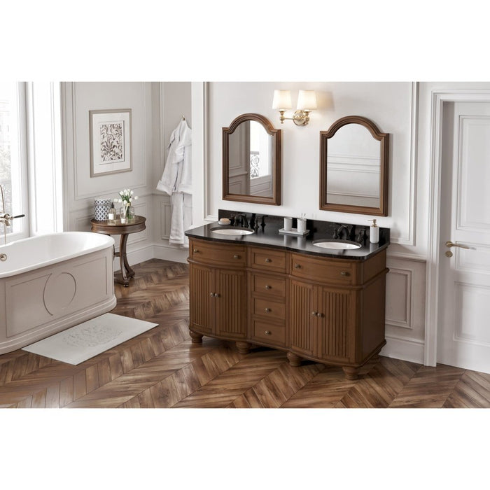 Jeffrey Alexander 60" Walnut Compton Vanity, double bowl, Compton-only Black Granite Vanity Top, two undermount oval bowls