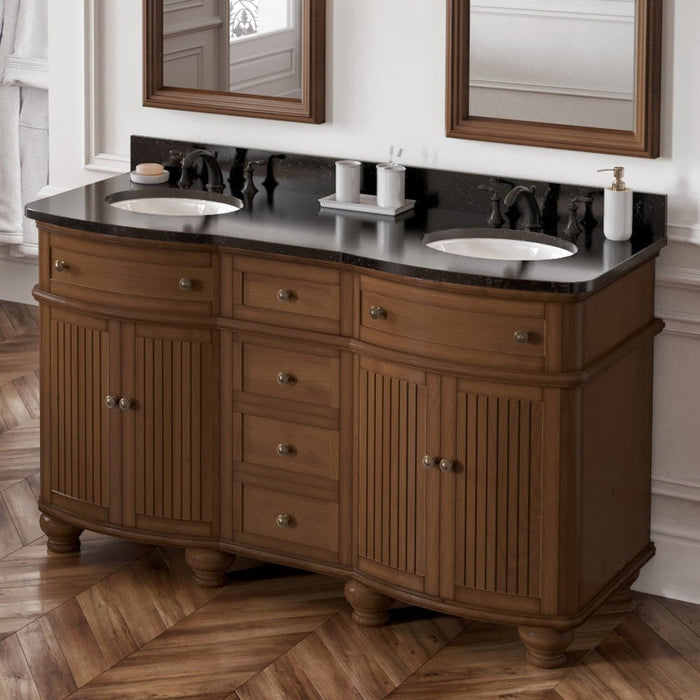 Jeffrey Alexander 60" Walnut Compton Vanity, double bowl, Compton-only Black Granite Vanity Top, two undermount oval bowls