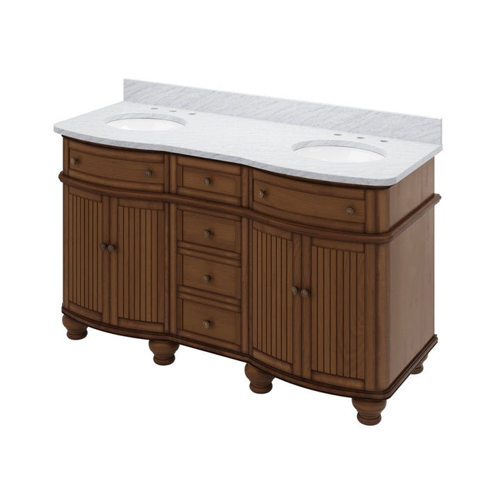 Jeffrey Alexander 60" Walnut Compton Vanity, double bowl, Compton-only White Carrara Marble Vanity Top, two undermount oval bowls