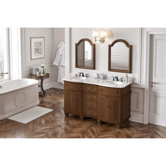 Jeffrey Alexander 60" Walnut Compton Vanity, double bowl, Compton-only White Carrara Marble Vanity Top, two undermount oval bowls