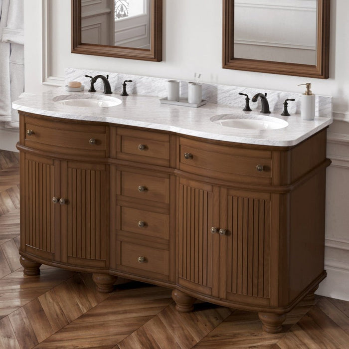 Jeffrey Alexander 60" Walnut Compton Vanity, double bowl, Compton-only White Carrara Marble Vanity Top, two undermount oval bowls