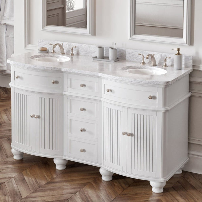 Jeffrey Alexander 60" White Compton Vanity, double bowl, Compton-only White Carrara Marble Vanity Top, two undermount oval bowls