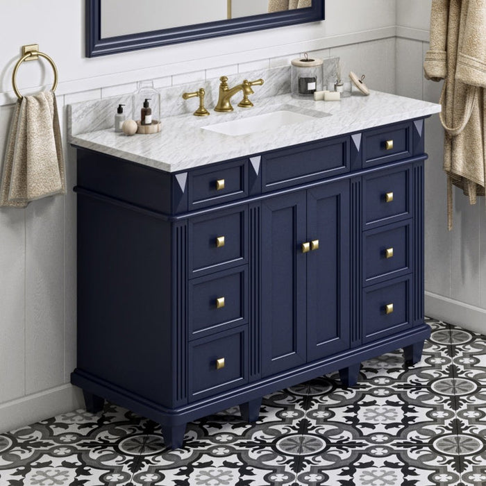 Jeffrey Alexander 48" Hale Blue Douglas Vanity, White Carrara Marble Vanity Top, undermount rectangle bowl