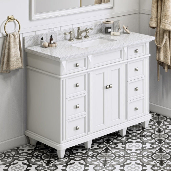 Jeffrey Alexander 48" White Douglas Vanity, White Carrara Marble Vanity Top, undermount rectangle bowl