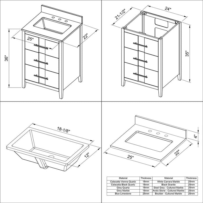 Jeffrey Alexander 24" Grey Katara Vanity, Calacatta Vienna Quartz Vanity Top, undermount rectangle bowl