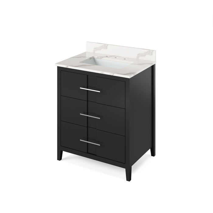 Jeffrey Alexander 30" Black Katara Vanity, Calacatta Vienna Quartz Vanity Top, undermount rectangle bowl