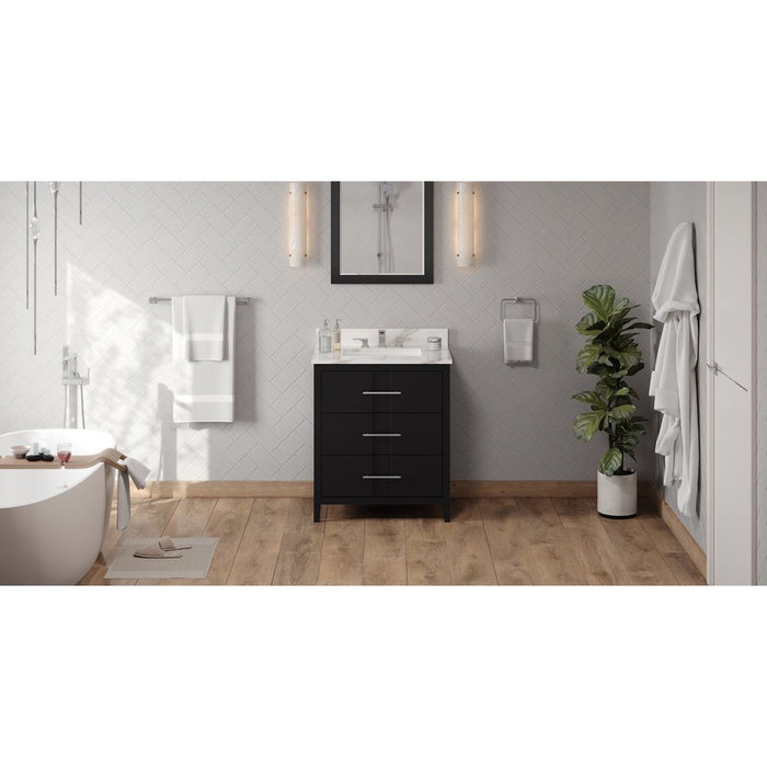 Jeffrey Alexander 30" Black Katara Vanity, Calacatta Vienna Quartz Vanity Top, undermount rectangle bowl