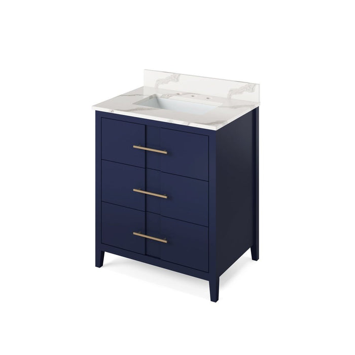 Jeffrey Alexander 30" Hale Blue Katara Vanity, Calacatta Vienna Quartz Vanity Top, undermount rectangle bowl