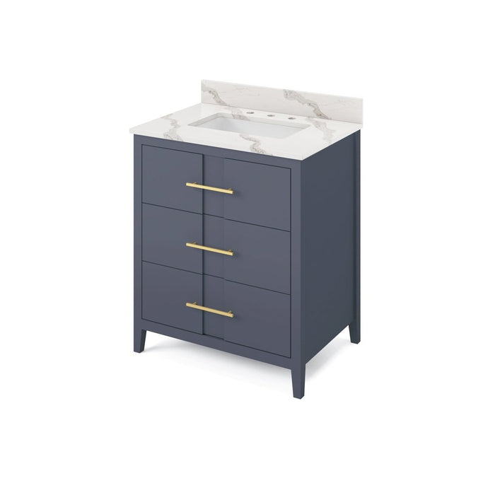 Jeffrey Alexander 30" Blue Steel Katara Vanity, Calacatta Vienna Quartz Vanity Top, undermount rectangle bowl