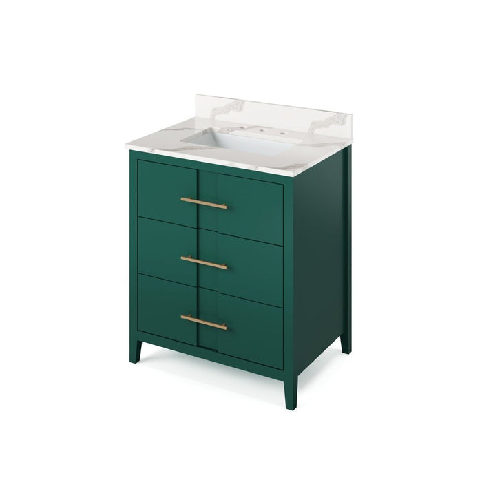 Jeffrey Alexander 30" Forest Green Katara Vanity, Calacatta Vienna Quartz Vanity Top, undermount rectangle bowl