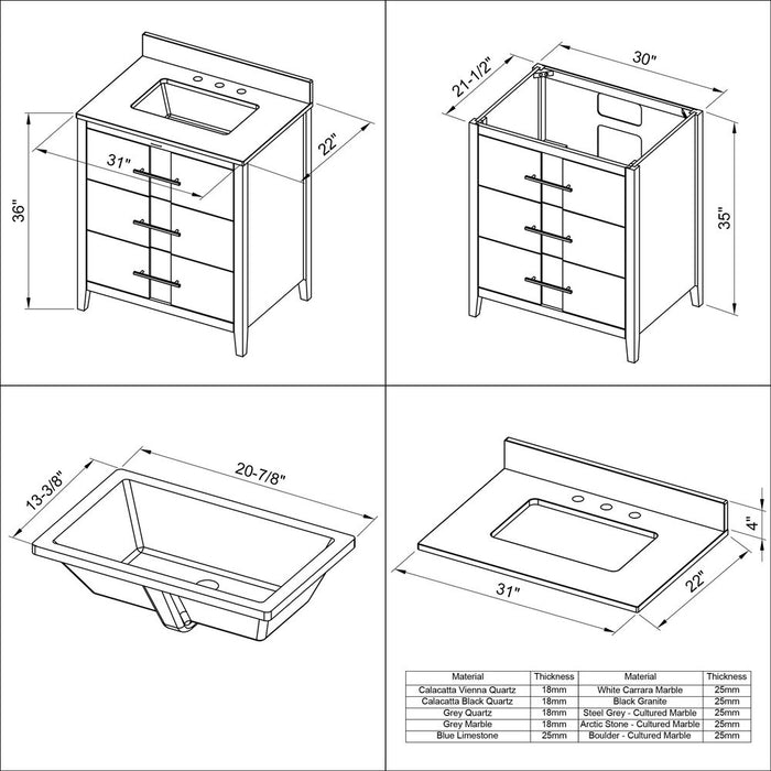 Jeffrey Alexander 30" Black Katara Vanity, Calacatta Vienna Quartz Vanity Top, undermount rectangle bowl