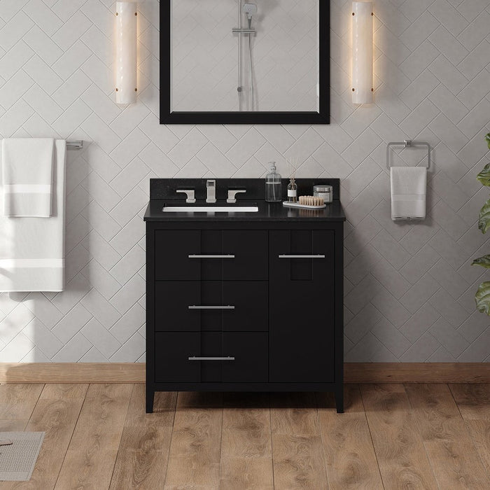 Jeffrey Alexander 36" Black Katara Vanity, left offset, Black Granite Vanity Top, undermount rectangle bowl