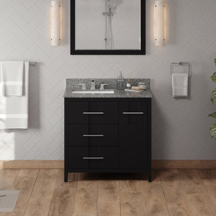 Jeffrey Alexander 36" Black Katara Vanity, left offset, Boulder Vanity Cultured Marble Vanity Top, undermount rectangle bowl