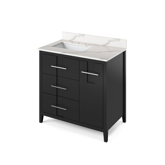 Jeffrey Alexander 36" Black Katara Vanity, left offset, Calacatta Vienna Quartz Vanity Top, undermount rectangle bowl