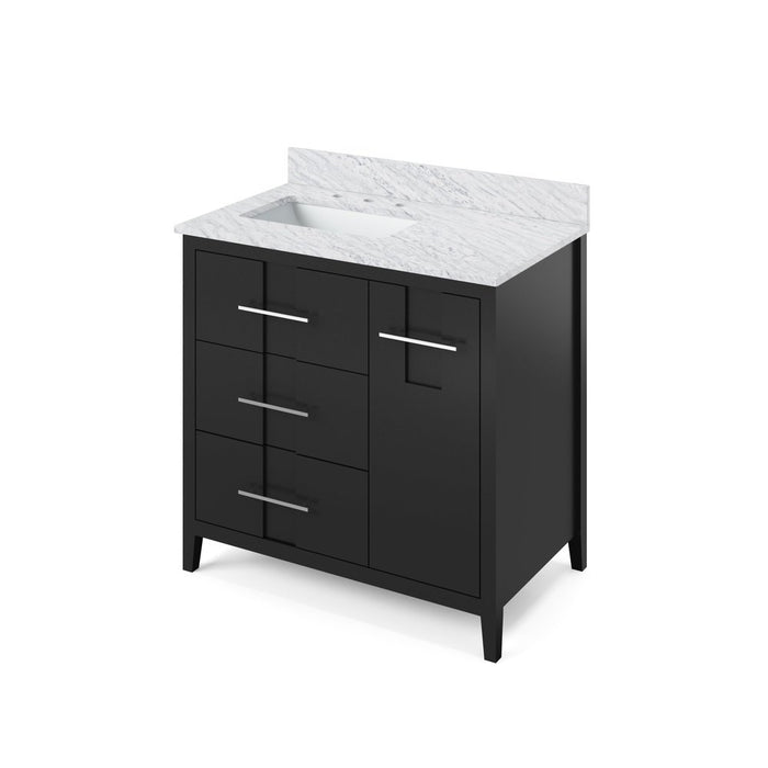 Jeffrey Alexander 36" Black Katara Vanity, left offset, White Carrara Marble Vanity Top, undermount rectangle bowl