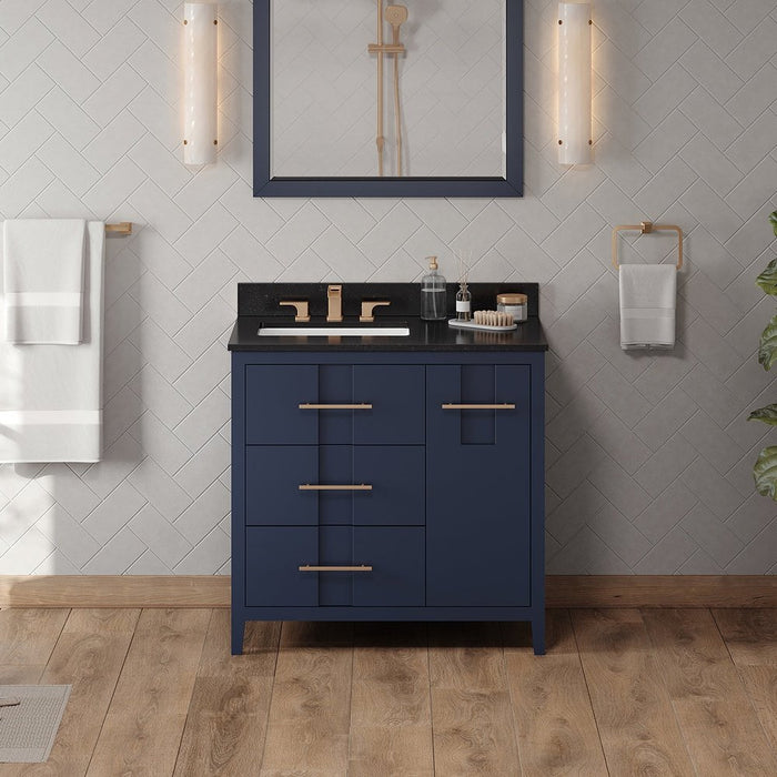 Jeffrey Alexander 36" Hale Blue Katara Vanity, left offset, Black Granite Vanity Top, undermount rectangle bowl