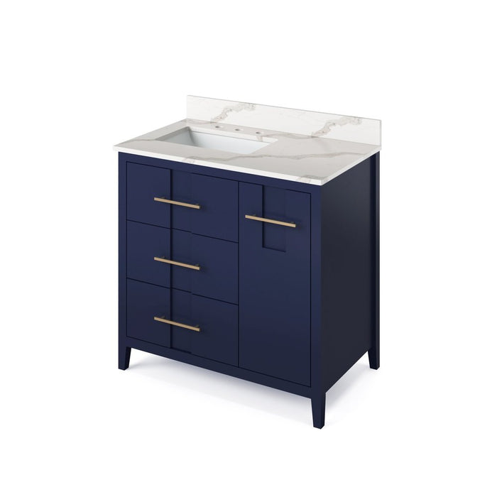 Jeffrey Alexander 36" Hale Blue Katara Vanity, left offset, Calacatta Vienna Quartz Vanity Top, undermount rectangle bowl