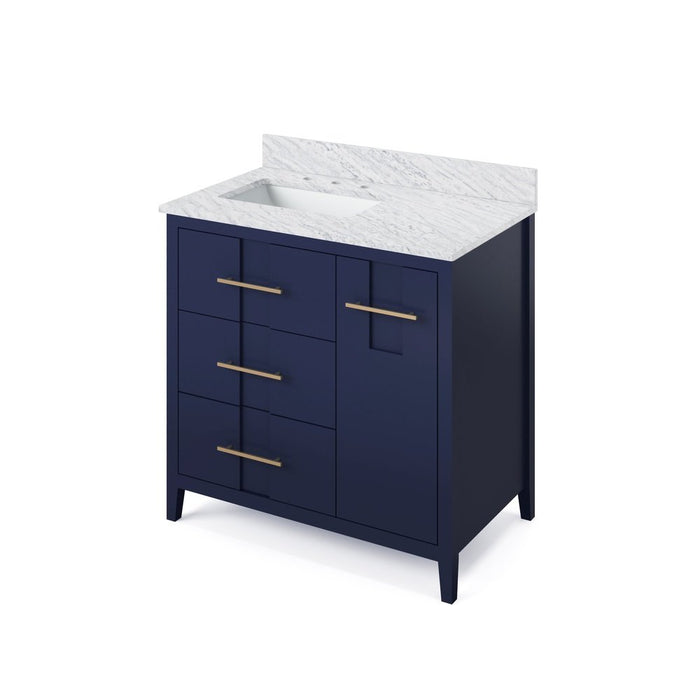 Jeffrey Alexander 36" Hale Blue Katara Vanity, left offset, White Carrara Marble Vanity Top, undermount rectangle bowl