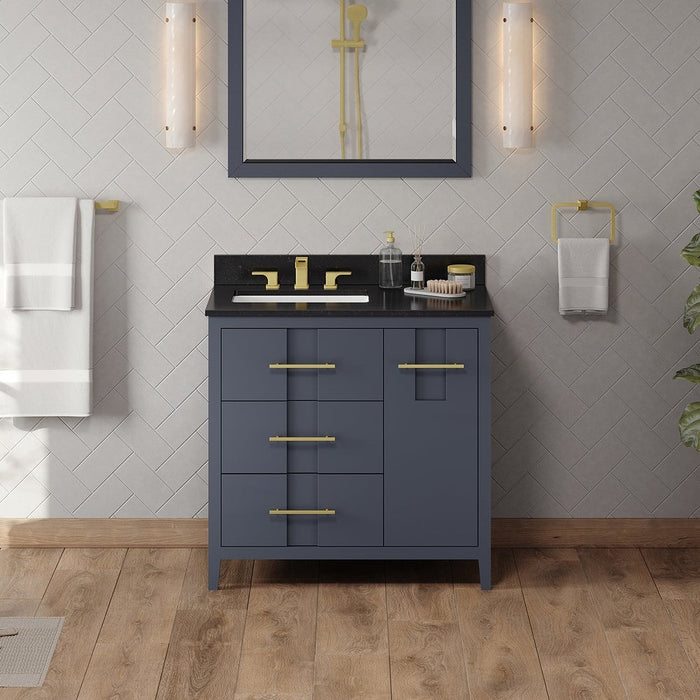 Jeffrey Alexander 36" Blue Steel Katara Vanity, left offset, Black Granite Vanity Top, undermount rectangle bowl