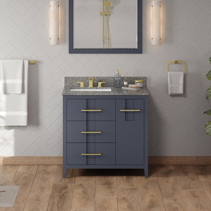 Jeffrey Alexander 36" Blue Steel Katara Vanity, left offset, Boulder Vanity Cultured Marble Vanity Top, undermount rectangle bowl