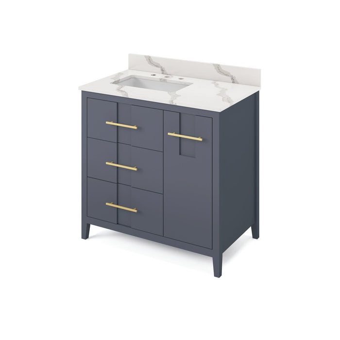 Jeffrey Alexander 36" Blue Steel Katara Vanity, left offset, Calacatta Vienna Quartz Vanity Top, undermount rectangle bowl