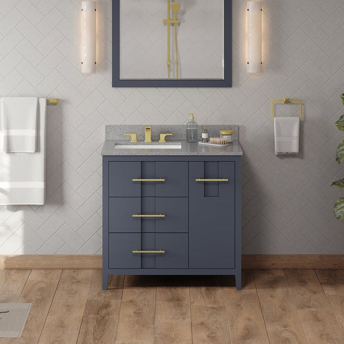 Jeffrey Alexander 36" Blue Steel Katara Vanity, left offset, Steel Grey Cultured Marble Vanity Top, undermount rectangle bowl