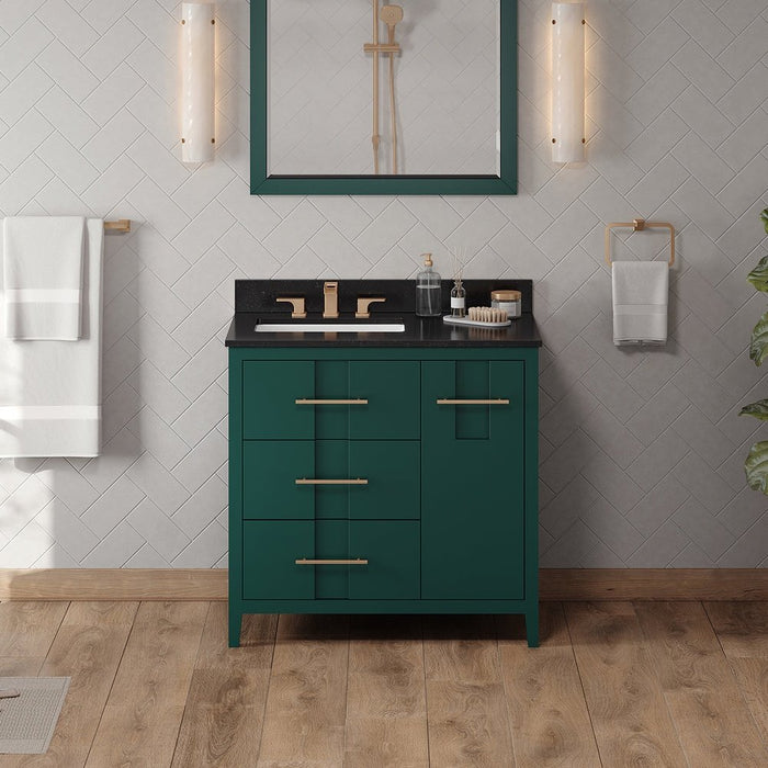 Jeffrey Alexander 36" Forest Green Katara Vanity, left offset, Black Granite Vanity Top, undermount rectangle bowl