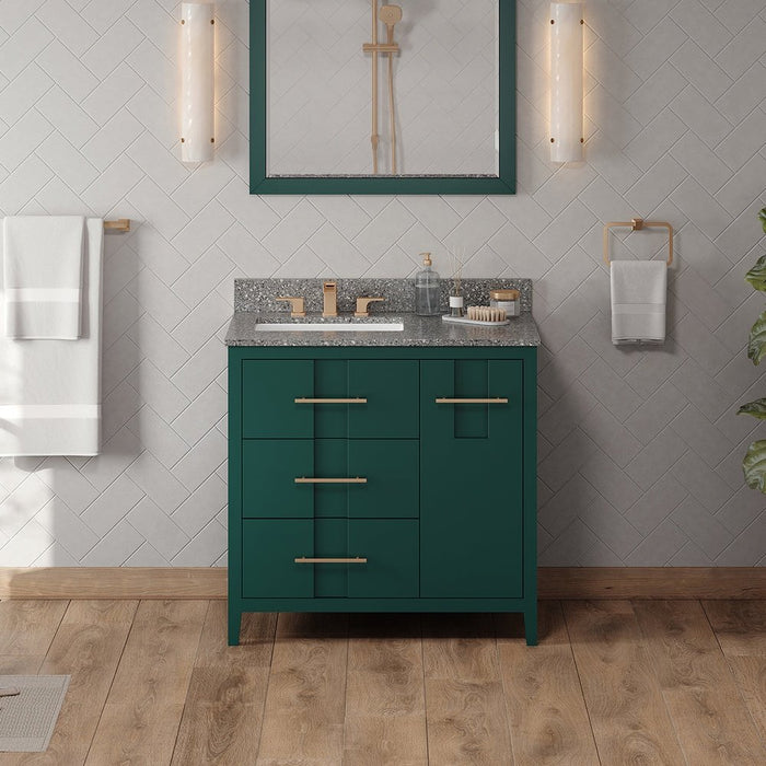 Jeffrey Alexander 36" Forest Green Katara Vanity, left offset, Boulder Vanity Cultured Marble Vanity Top, undermount rectangle bowl