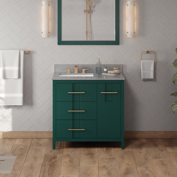 Jeffrey Alexander 36" Forest Green Katara Vanity, left offset, Steel Grey Cultured Marble Vanity Top, undermount rectangle bowl