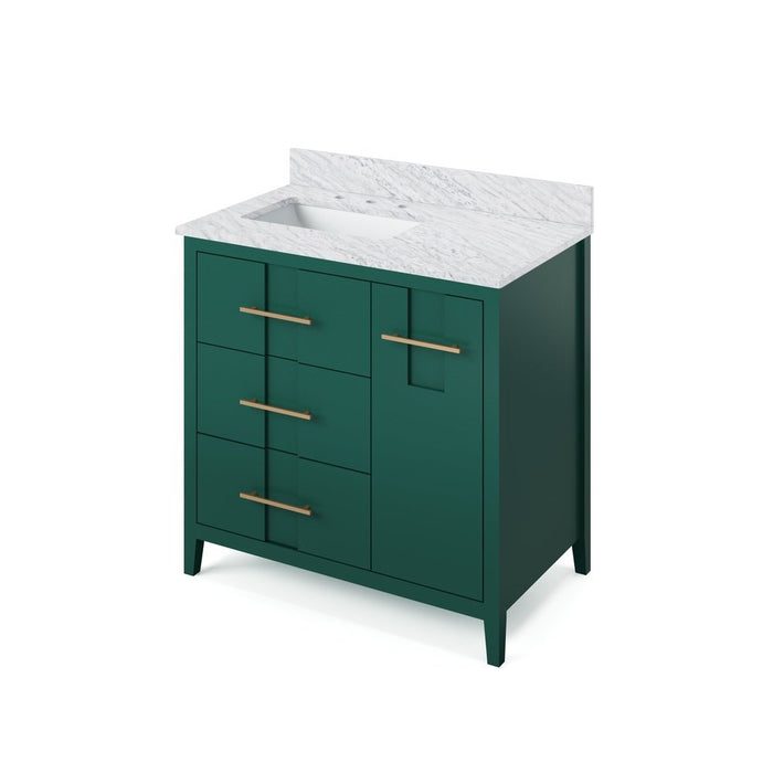 Jeffrey Alexander 36" Forest Green Katara Vanity, left offset, White Carrara Marble Vanity Top, undermount rectangle bowl