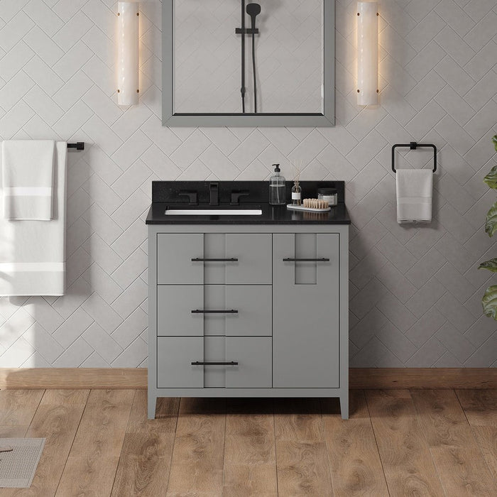 Jeffrey Alexander 36" Grey Katara Vanity, left offset, Black Granite Vanity Top, undermount rectangle bowl