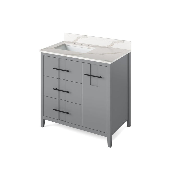 Jeffrey Alexander 36" Grey Katara Vanity, left offset, Calacatta Vienna Quartz Vanity Top, undermount rectangle bowl