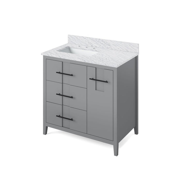 Jeffrey Alexander 36" Grey Katara Vanity, left offset, White Carrara Marble Vanity Top, undermount rectangle bowl