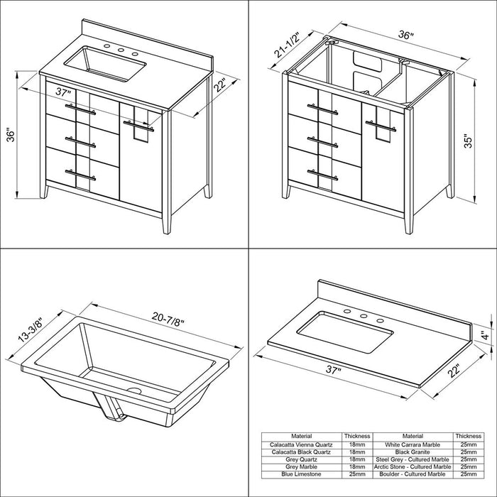 Jeffrey Alexander 36" Grey Katara Vanity, left offset, White Carrara Marble Vanity Top, undermount rectangle bowl