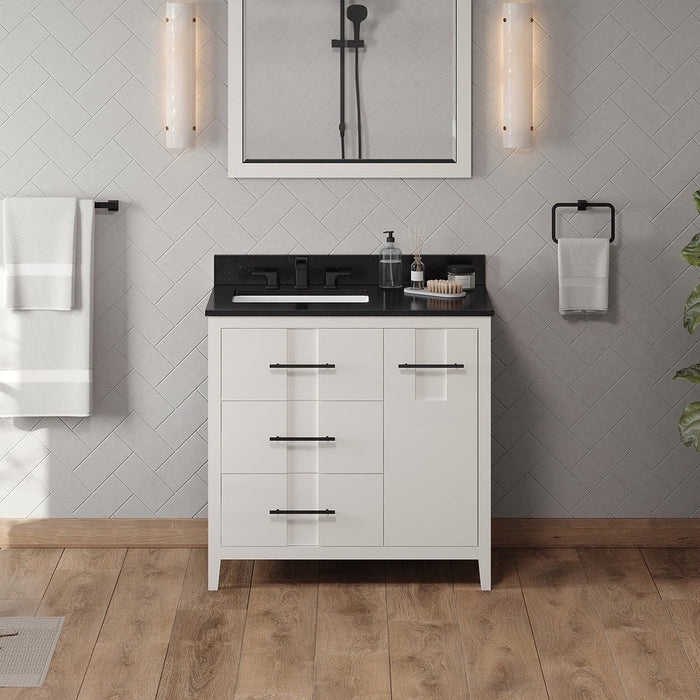 Jeffrey Alexander 36" White Katara Vanity, left offset, Black Granite Vanity Top, undermount rectangle bowl