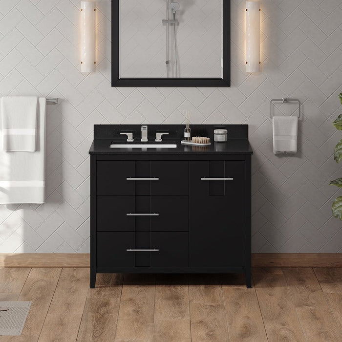 Jeffrey Alexander 42" Black Katara Vanity, left offset, Black Granite Vanity Top, undermount rectangle bowl