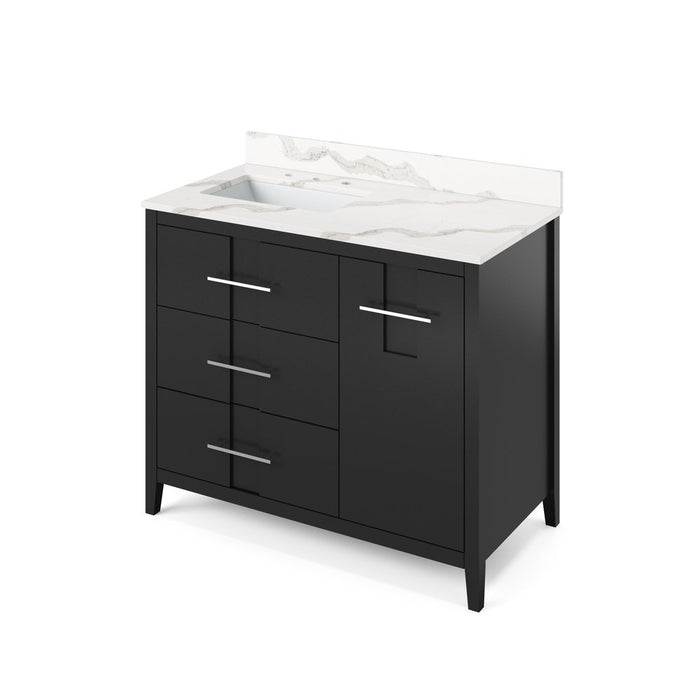 Jeffrey Alexander 42" Black Katara Vanity, left offset, Calacatta Vienna Quartz Vanity Top, undermount rectangle bowl