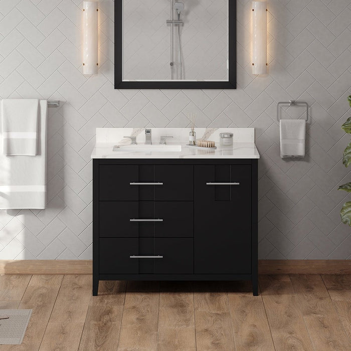 Jeffrey Alexander 42" Black Katara Vanity, left offset, Calacatta Vienna Quartz Vanity Top, undermount rectangle bowl