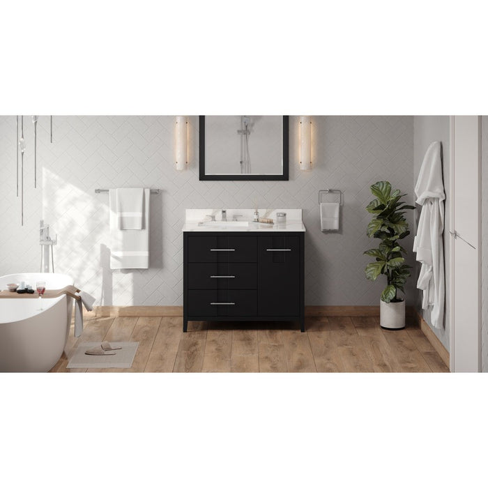 Jeffrey Alexander 42" Black Katara Vanity, left offset, Calacatta Vienna Quartz Vanity Top, undermount rectangle bowl